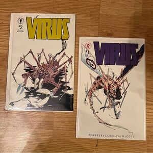 2 VIRUS Vintage Comic Books written by Chuck Pfarrer. Comes boarded.